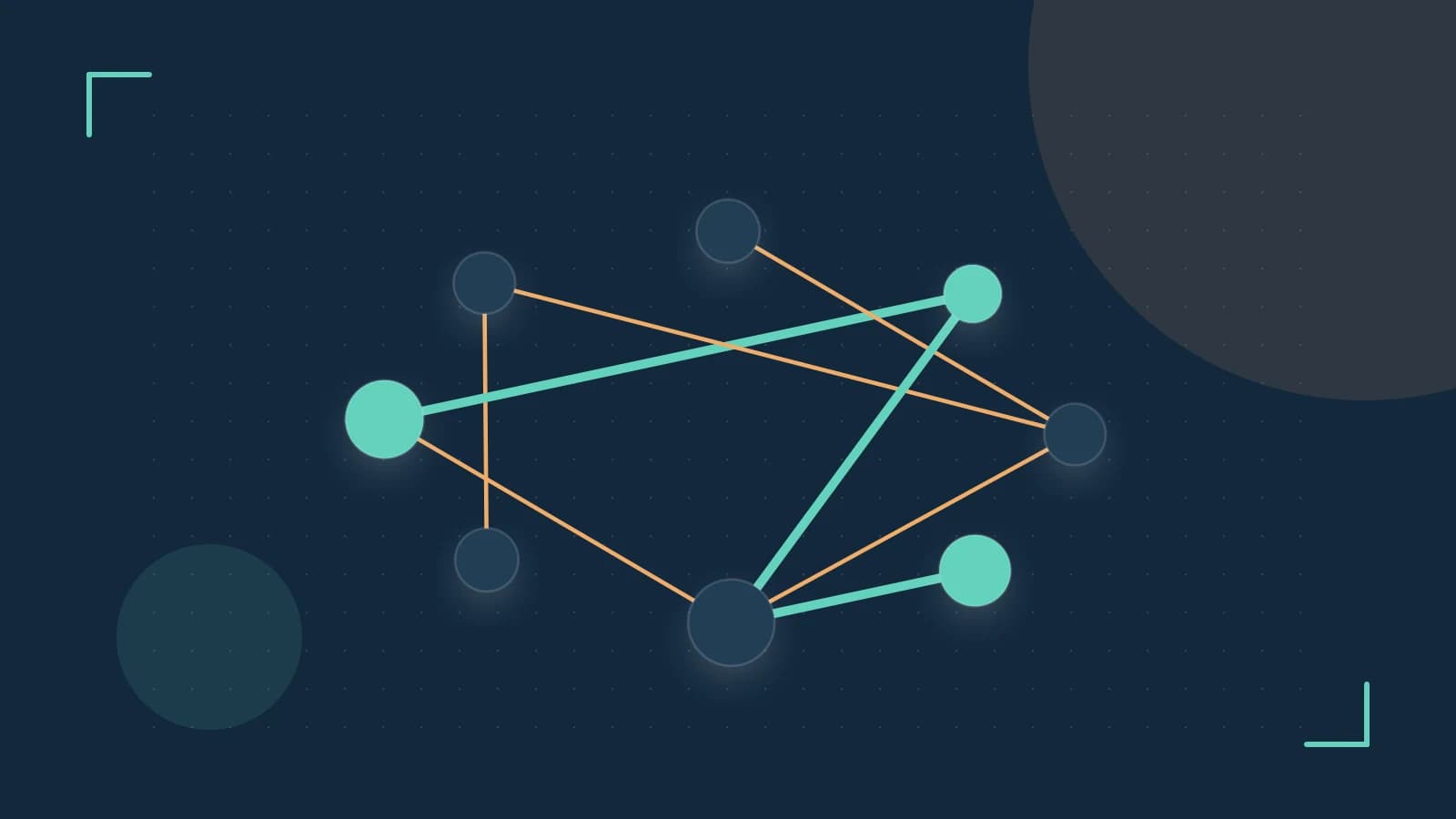 Editorial illustration of an algorithmic node graph with branching paths and a highlighted result