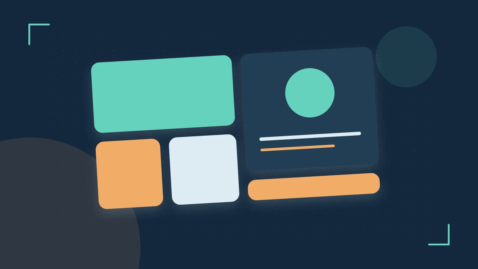 Editorial illustration of responsive browser layouts, overlapping design components and a color system