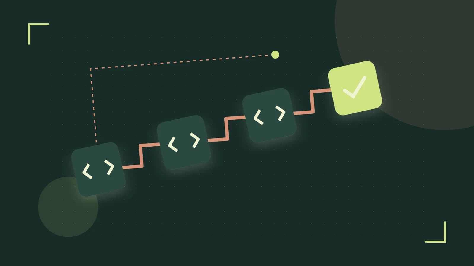Editorial illustration of a branching build pipeline, staged transformations and a completed check