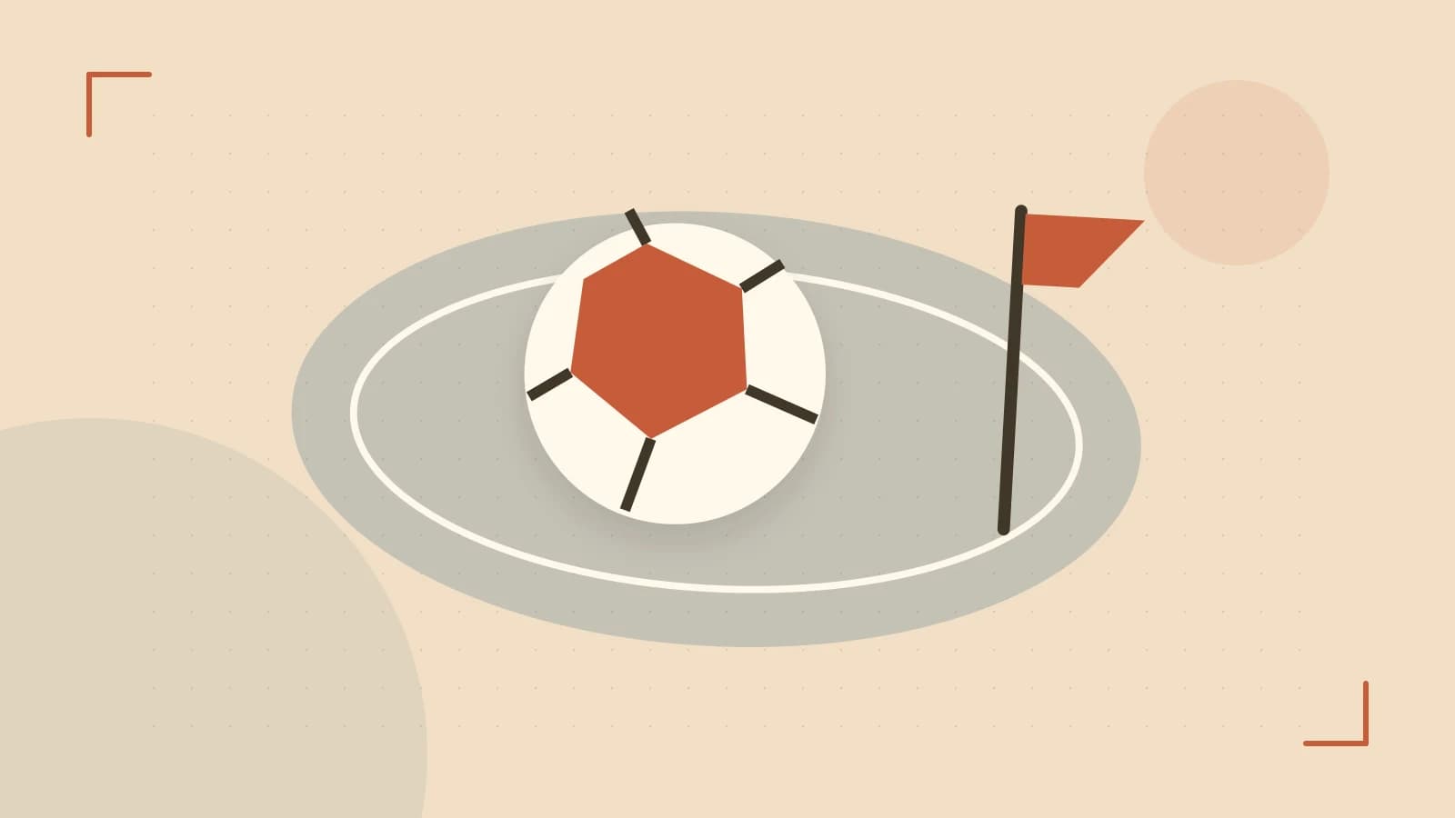Editorial illustration of a stylized sports ball, stadium geometry and dynamic arcs
