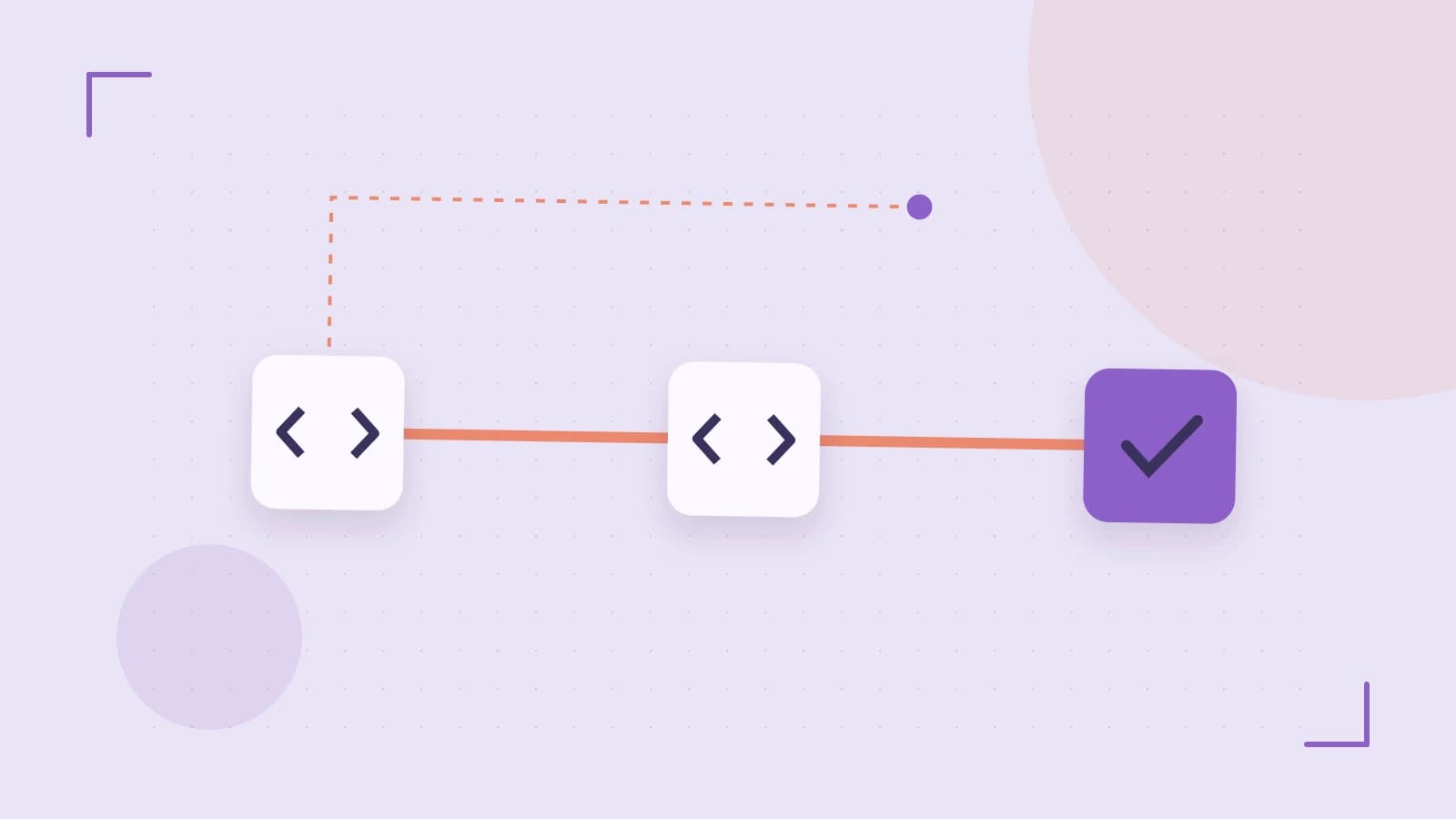 Editorial illustration of a branching build pipeline, staged transformations and a completed check
