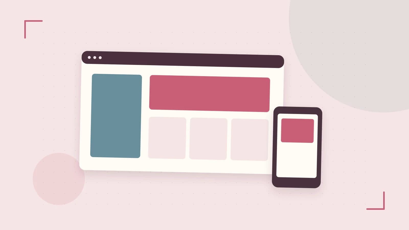 Editorial illustration of responsive browser layouts, overlapping design components and a color system