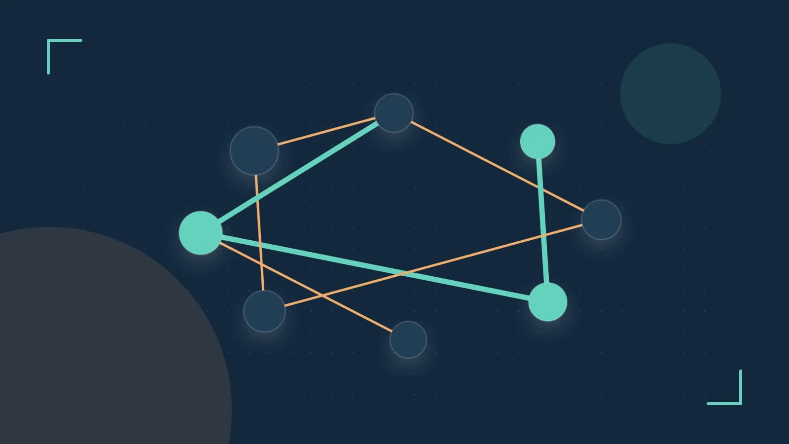 Editorial illustration of an algorithmic node graph with branching paths and a highlighted result