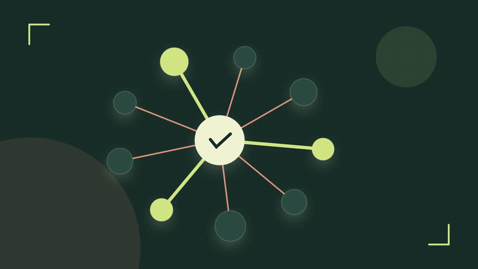 Editorial illustration of an algorithmic node graph with branching paths and a highlighted result