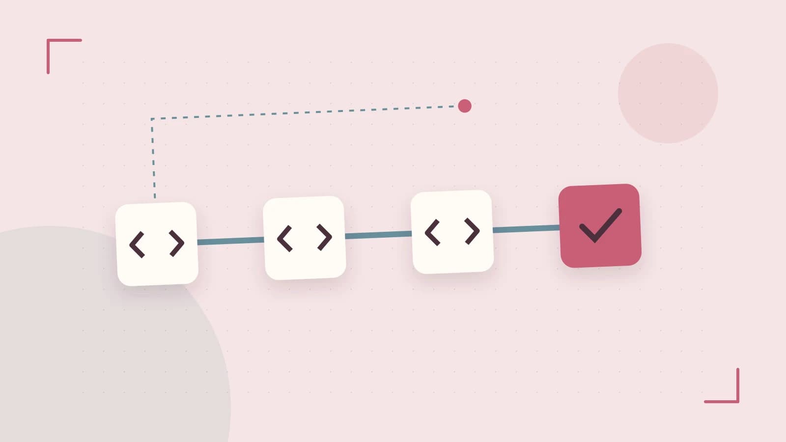 Editorial illustration of a branching build pipeline, staged transformations and a completed check