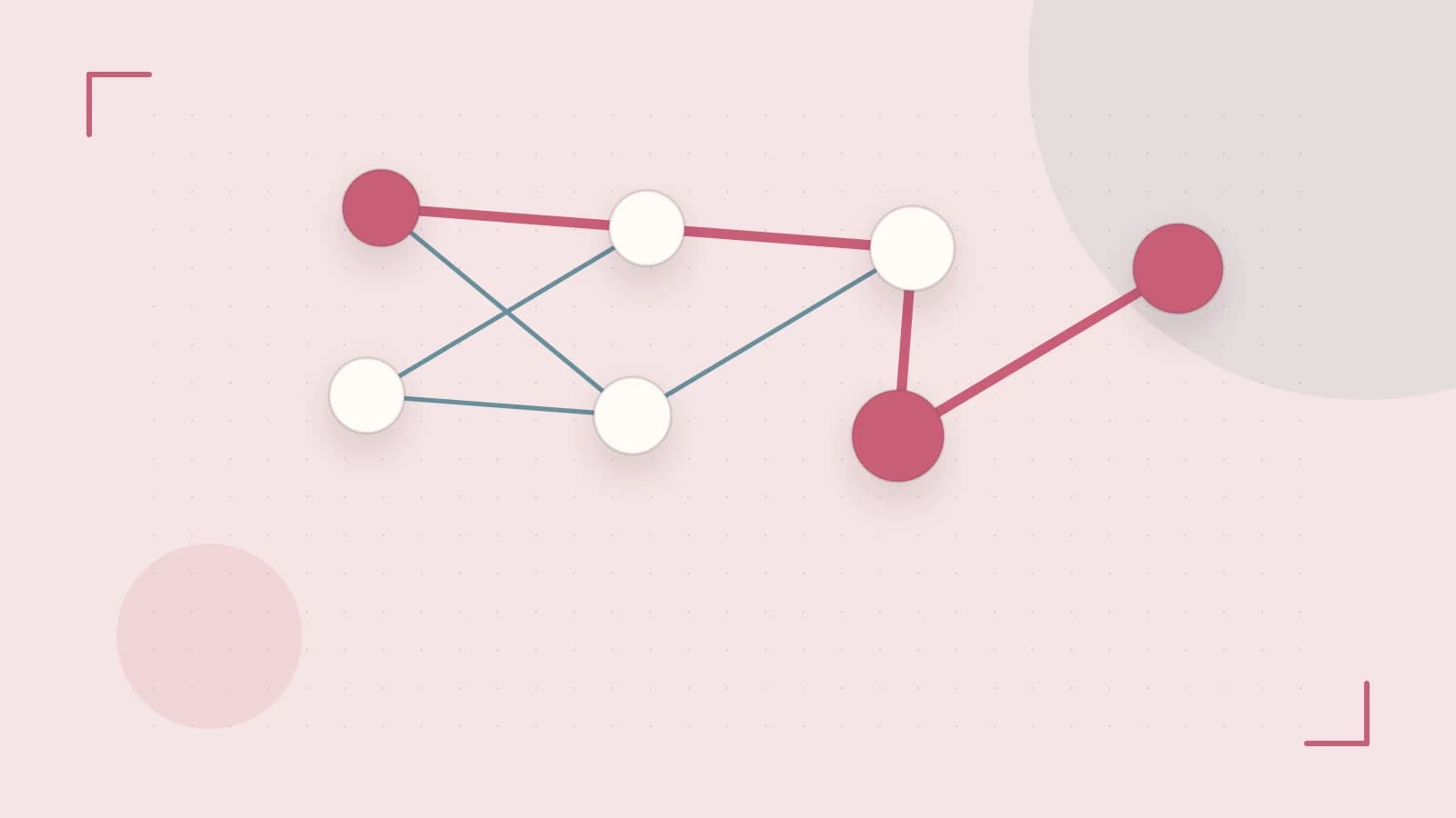 Editorial illustration of an algorithmic node graph with branching paths and a highlighted result