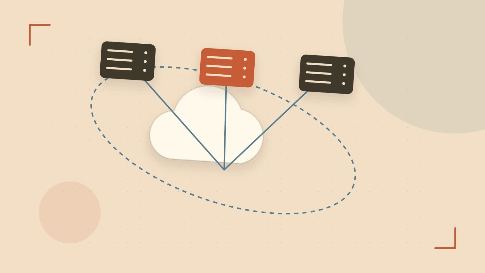 Editorial illustration of cloud infrastructure, connected server racks and an orbital service map
