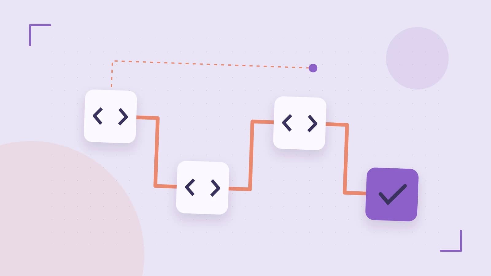 Editorial illustration of a branching build pipeline, staged transformations and a completed check
