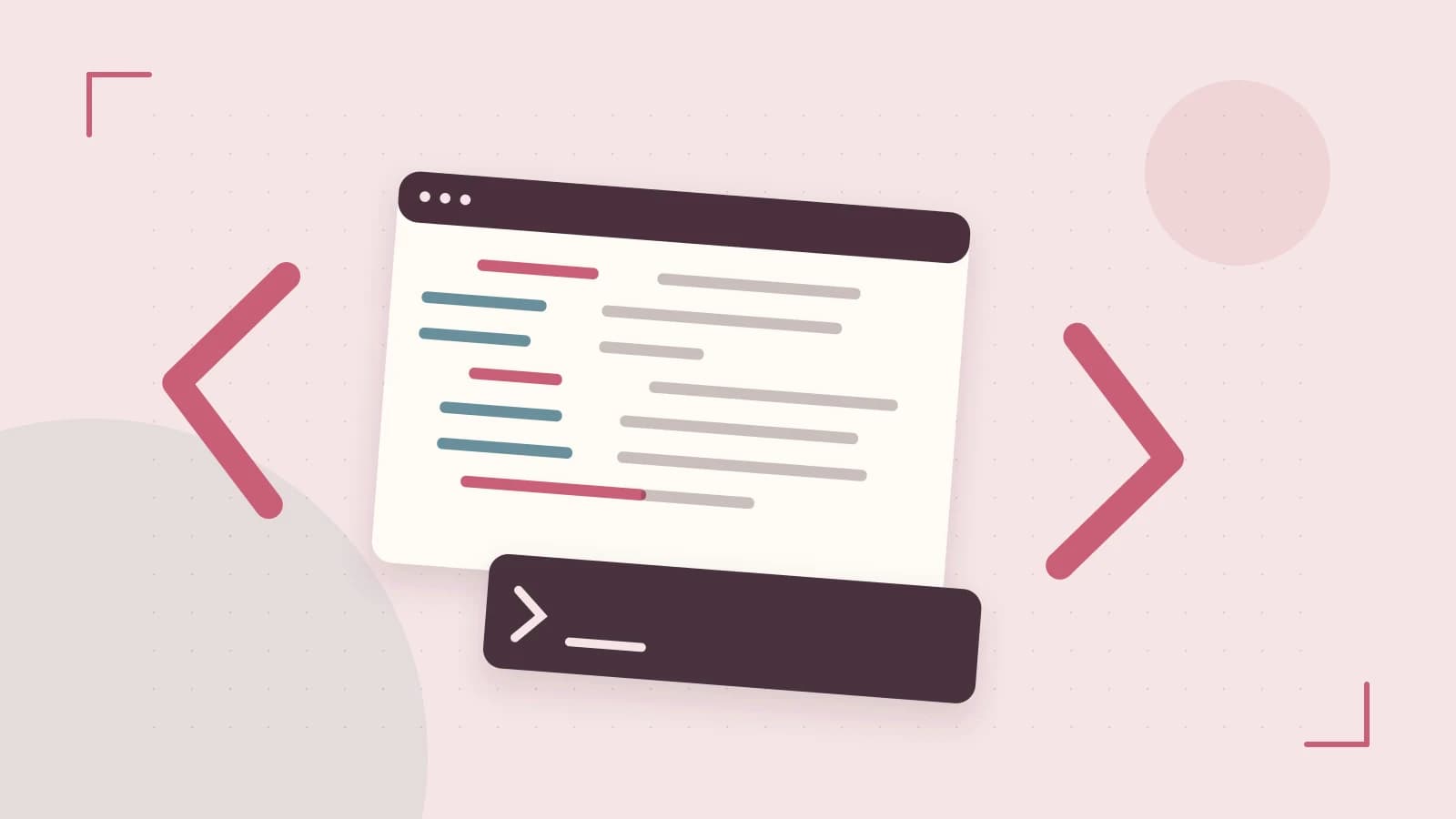 Editorial illustration of an abstract code editor, syntax blocks and oversized programming brackets