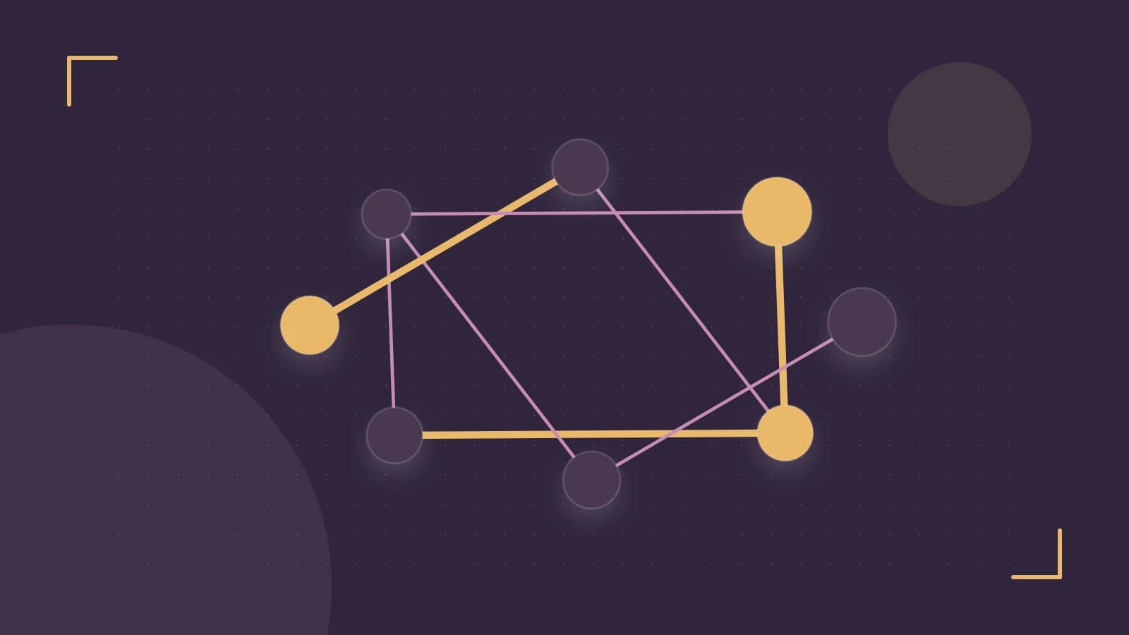 Editorial illustration of an algorithmic node graph with branching paths and a highlighted result