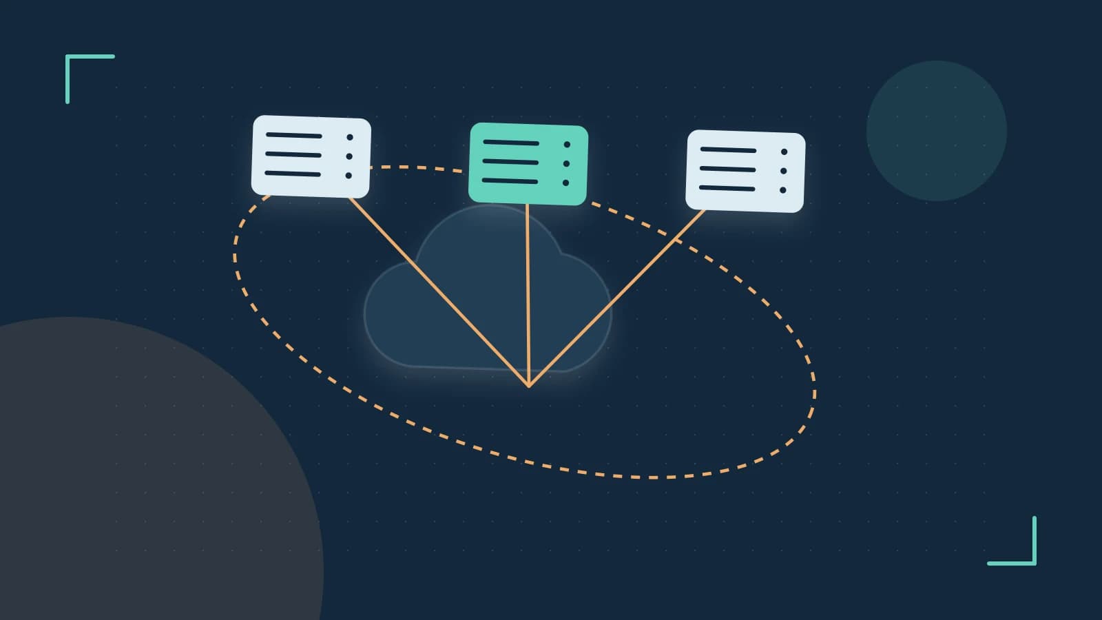 Editorial illustration of cloud infrastructure, connected server racks and an orbital service map