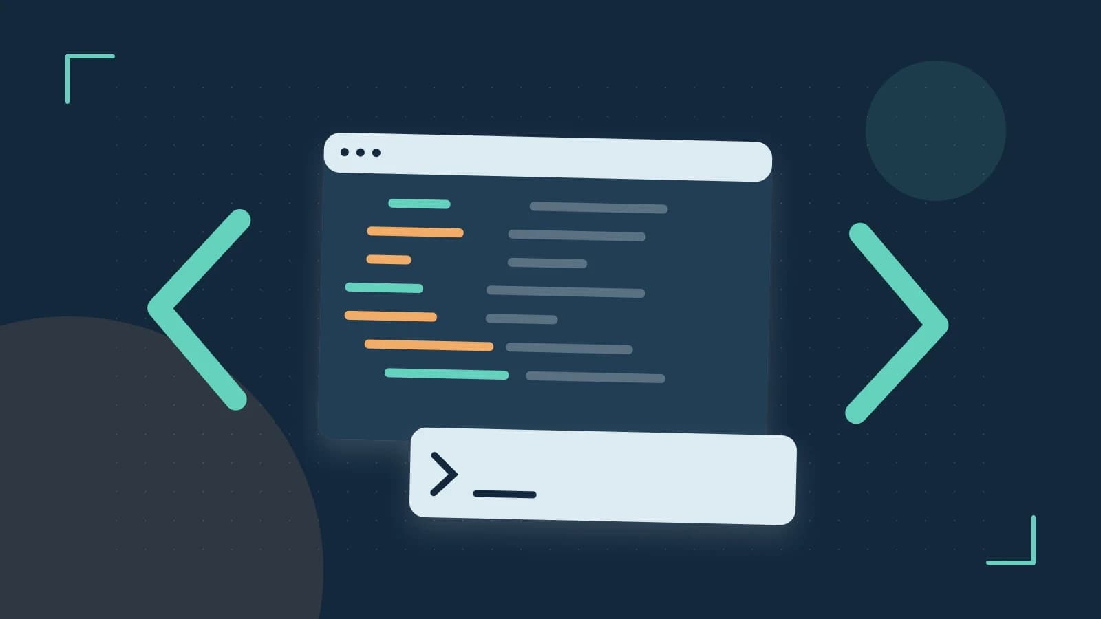 Editorial illustration of an abstract code editor, syntax blocks and oversized programming brackets