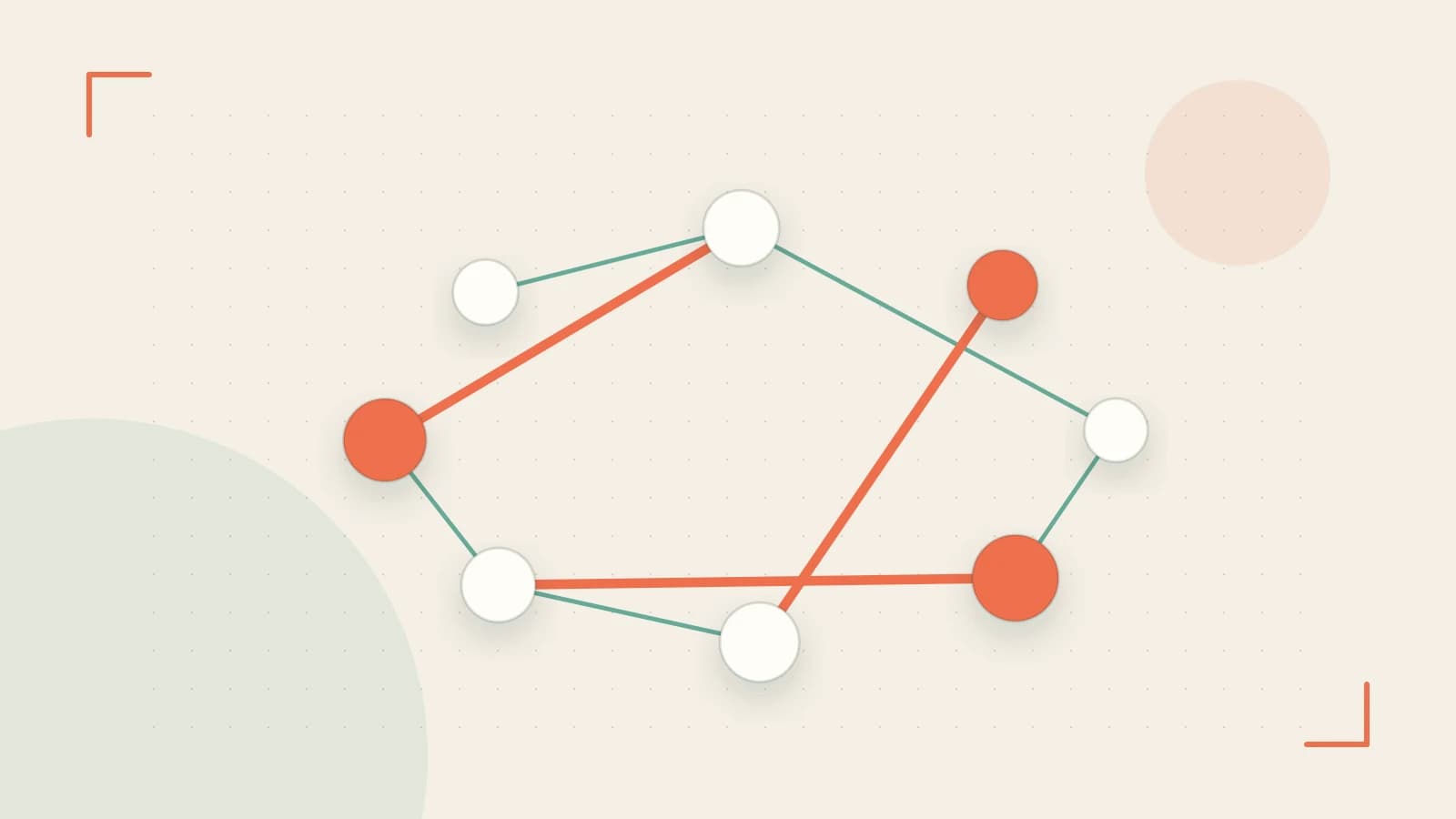 Editorial illustration of an algorithmic node graph with branching paths and a highlighted result