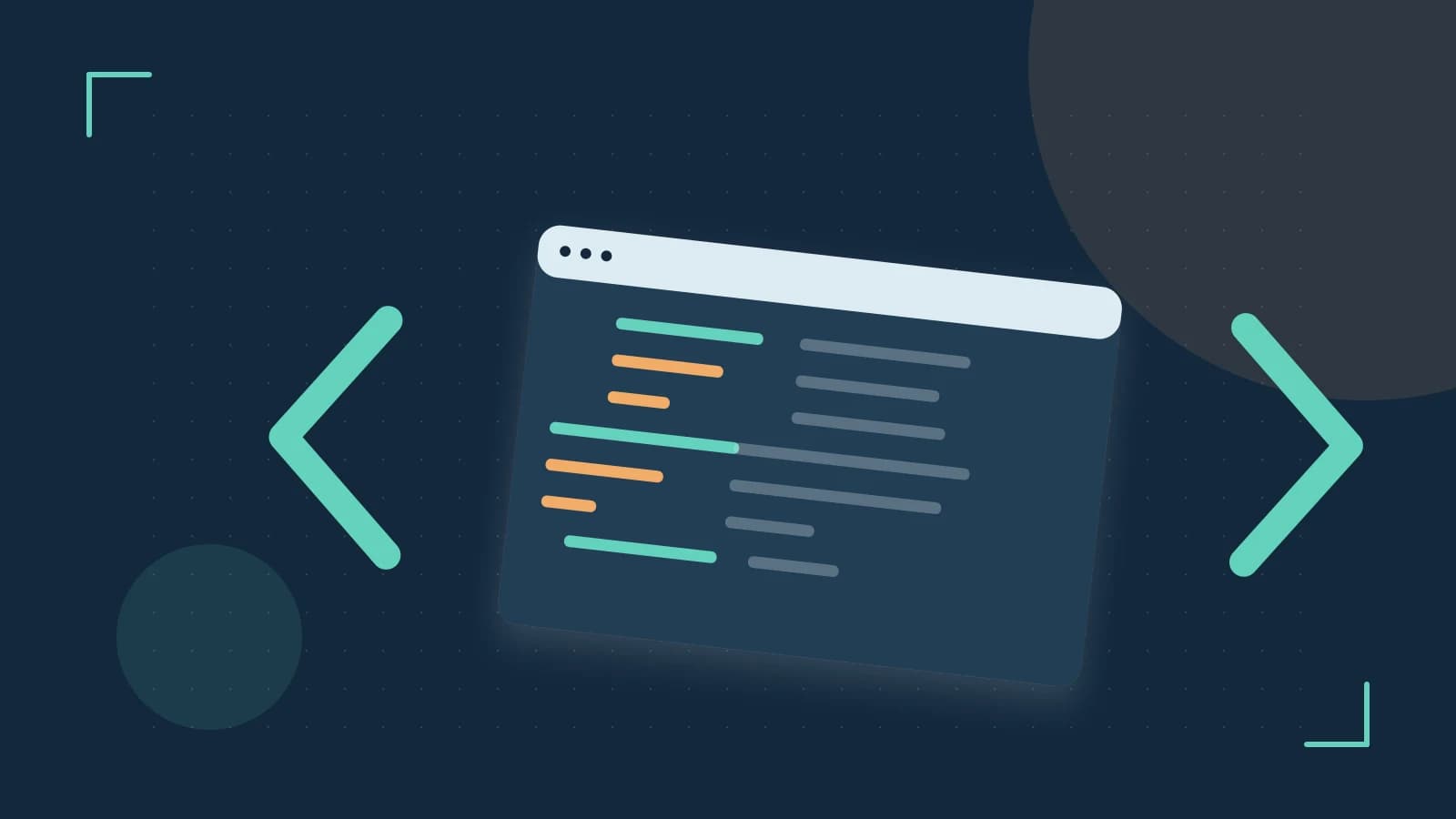 Editorial illustration of an abstract code editor, syntax blocks and oversized programming brackets