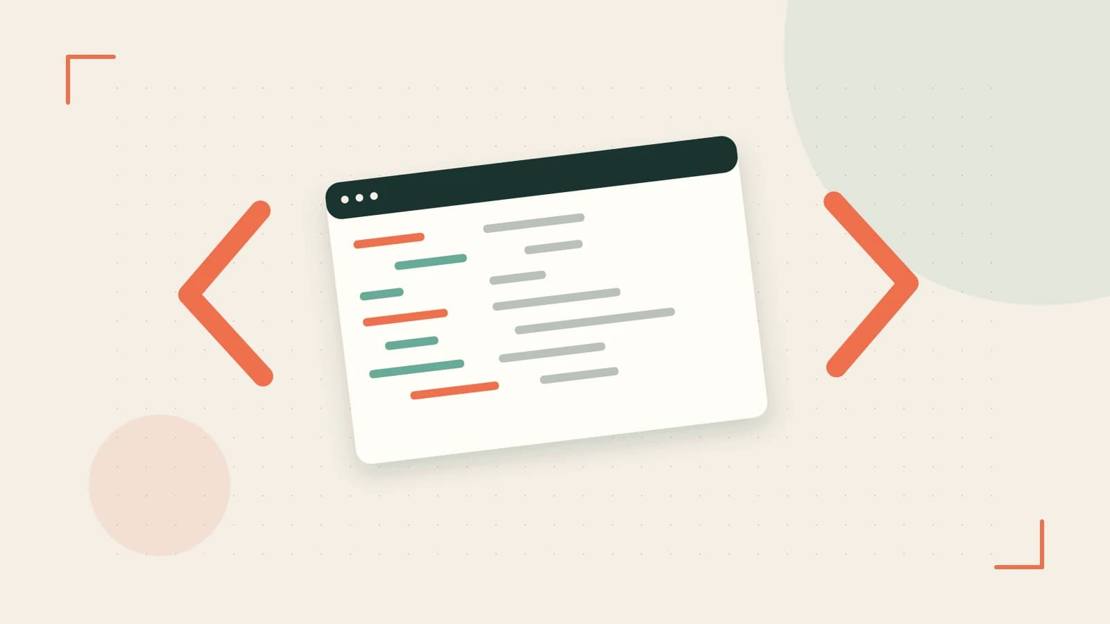 Editorial illustration of an abstract code editor, syntax blocks and oversized programming brackets