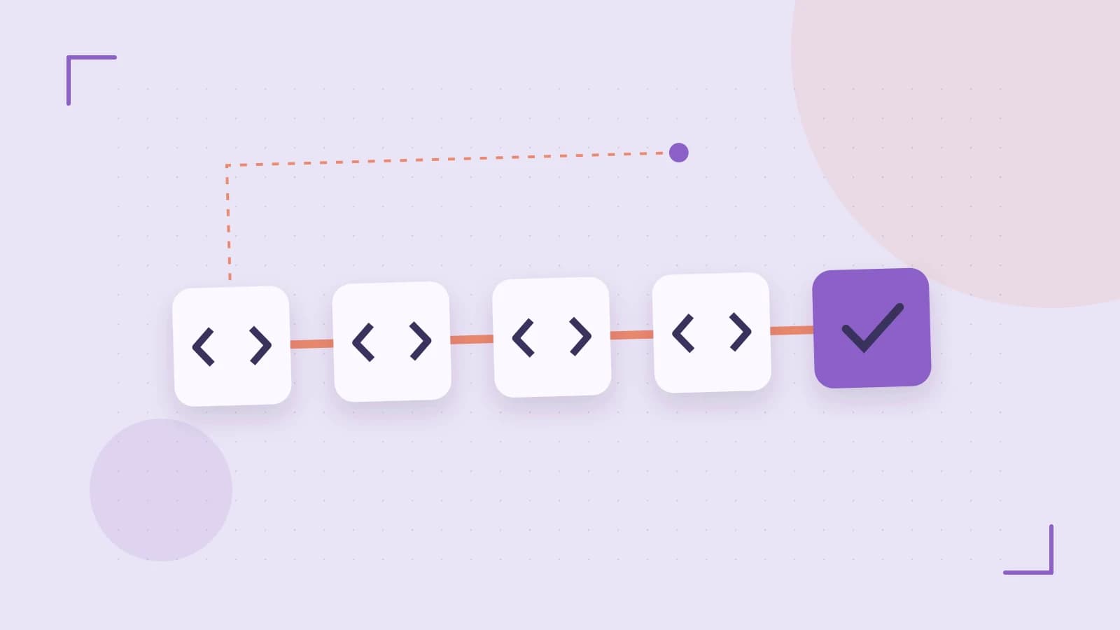 Editorial illustration of a branching build pipeline, staged transformations and a completed check
