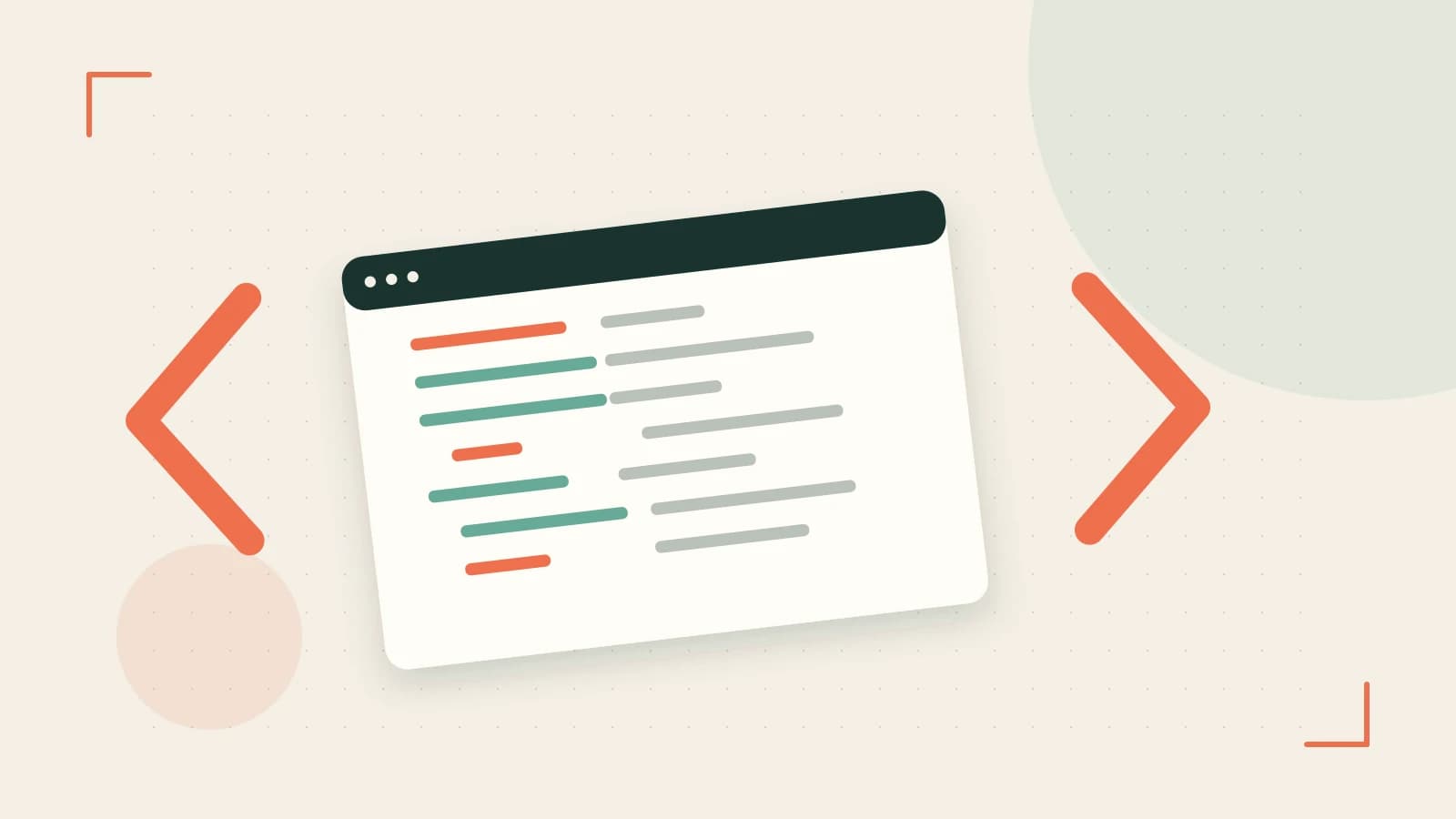 Editorial illustration of an abstract code editor, syntax blocks and oversized programming brackets