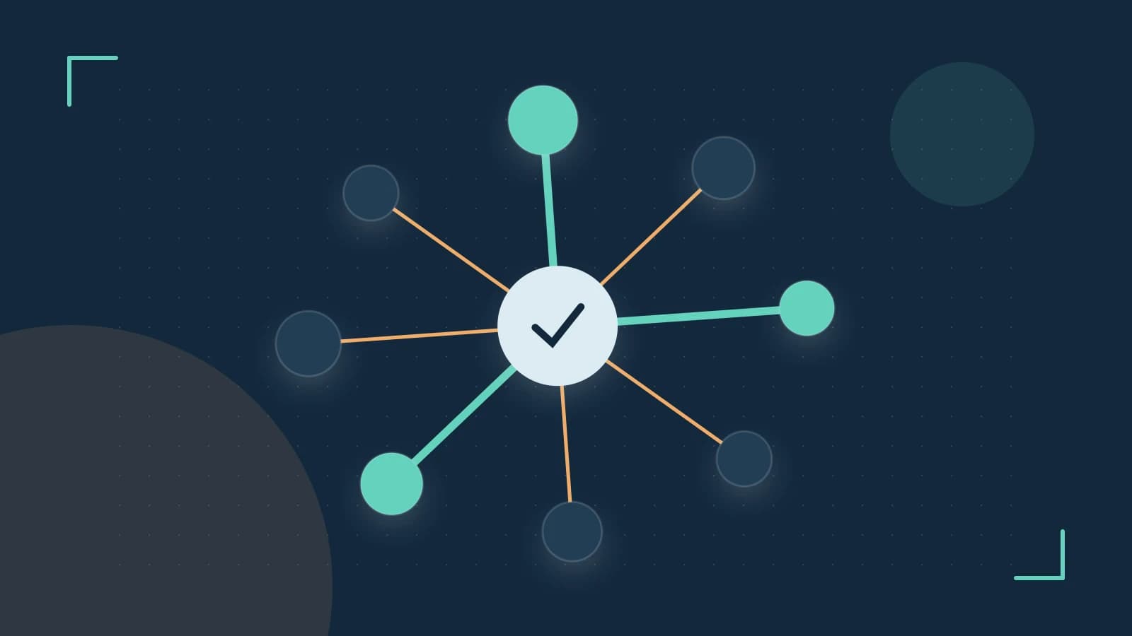 Editorial illustration of an algorithmic node graph with branching paths and a highlighted result