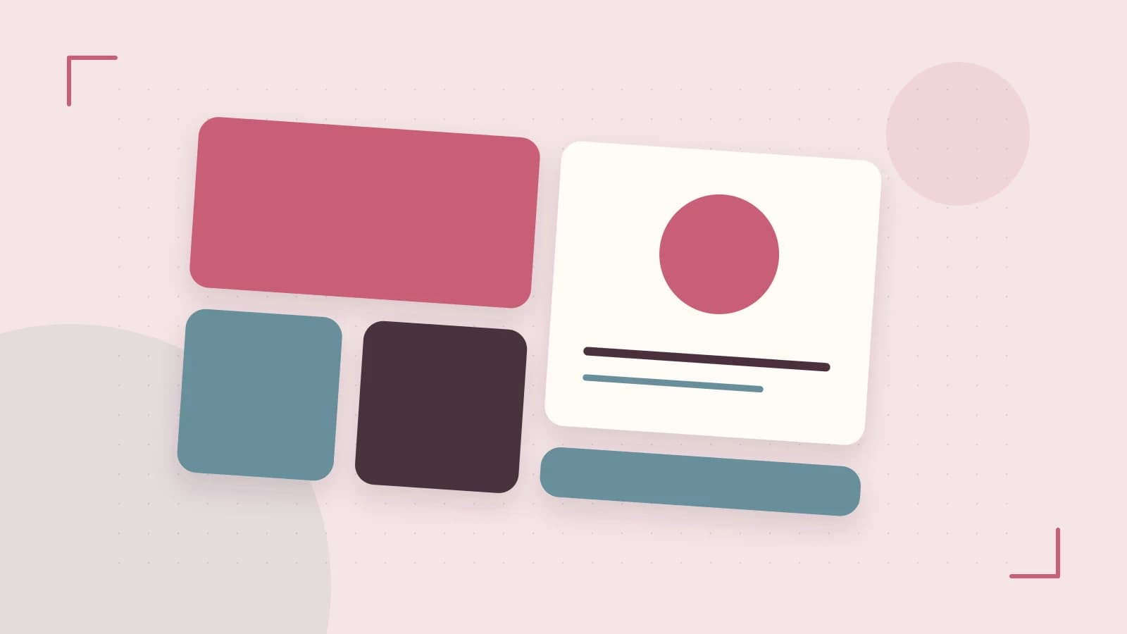 Editorial illustration of responsive browser layouts, overlapping design components and a color system