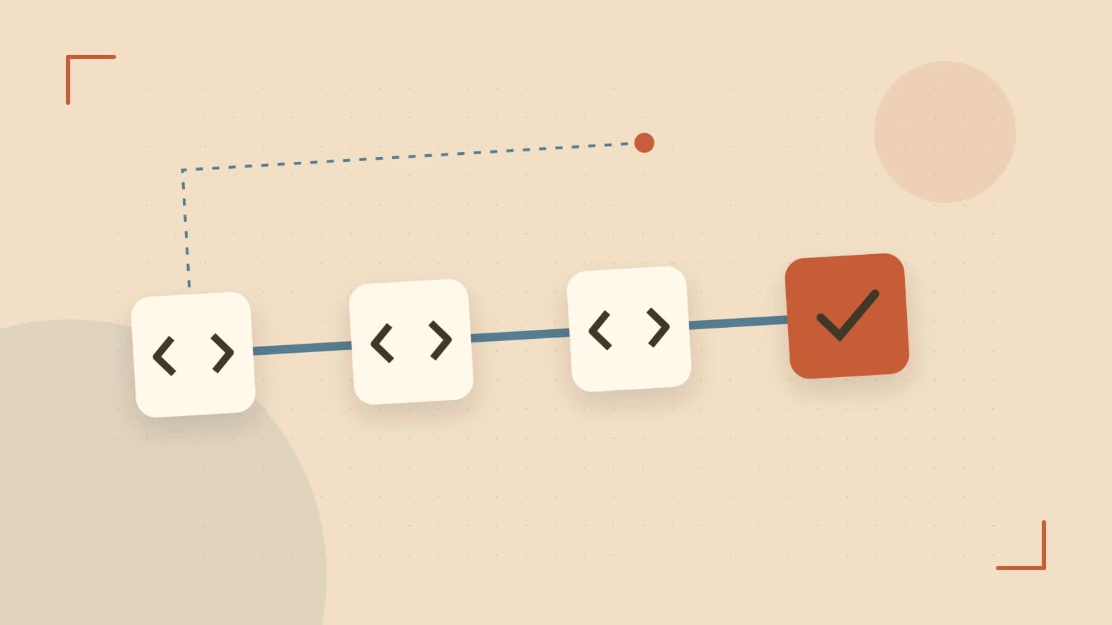 Editorial illustration of a branching build pipeline, staged transformations and a completed check