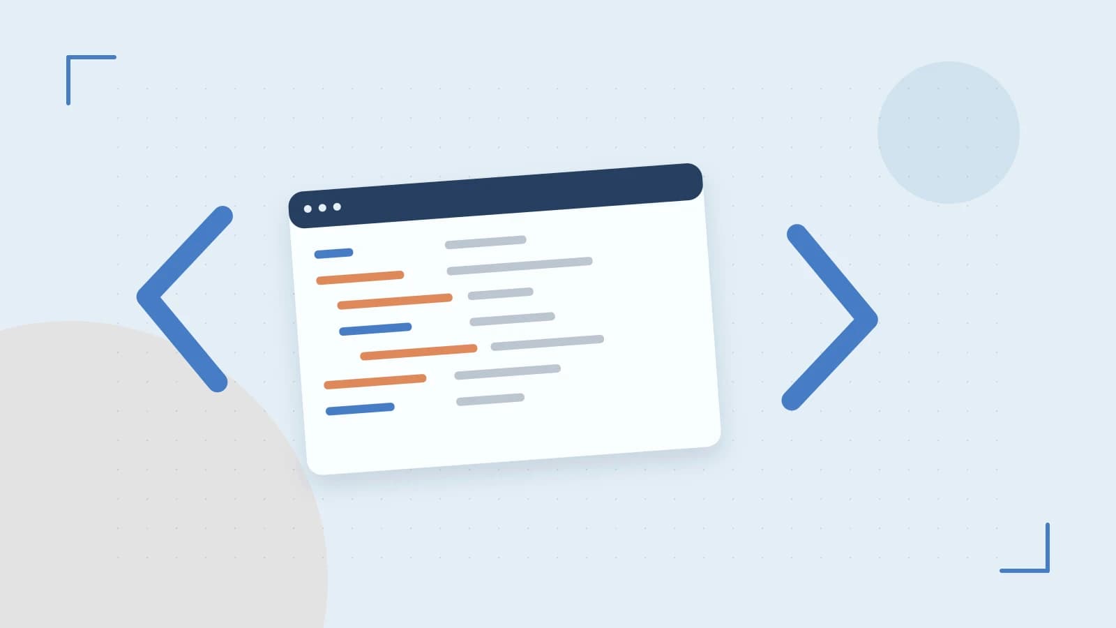 Editorial illustration of an abstract code editor, syntax blocks and oversized programming brackets