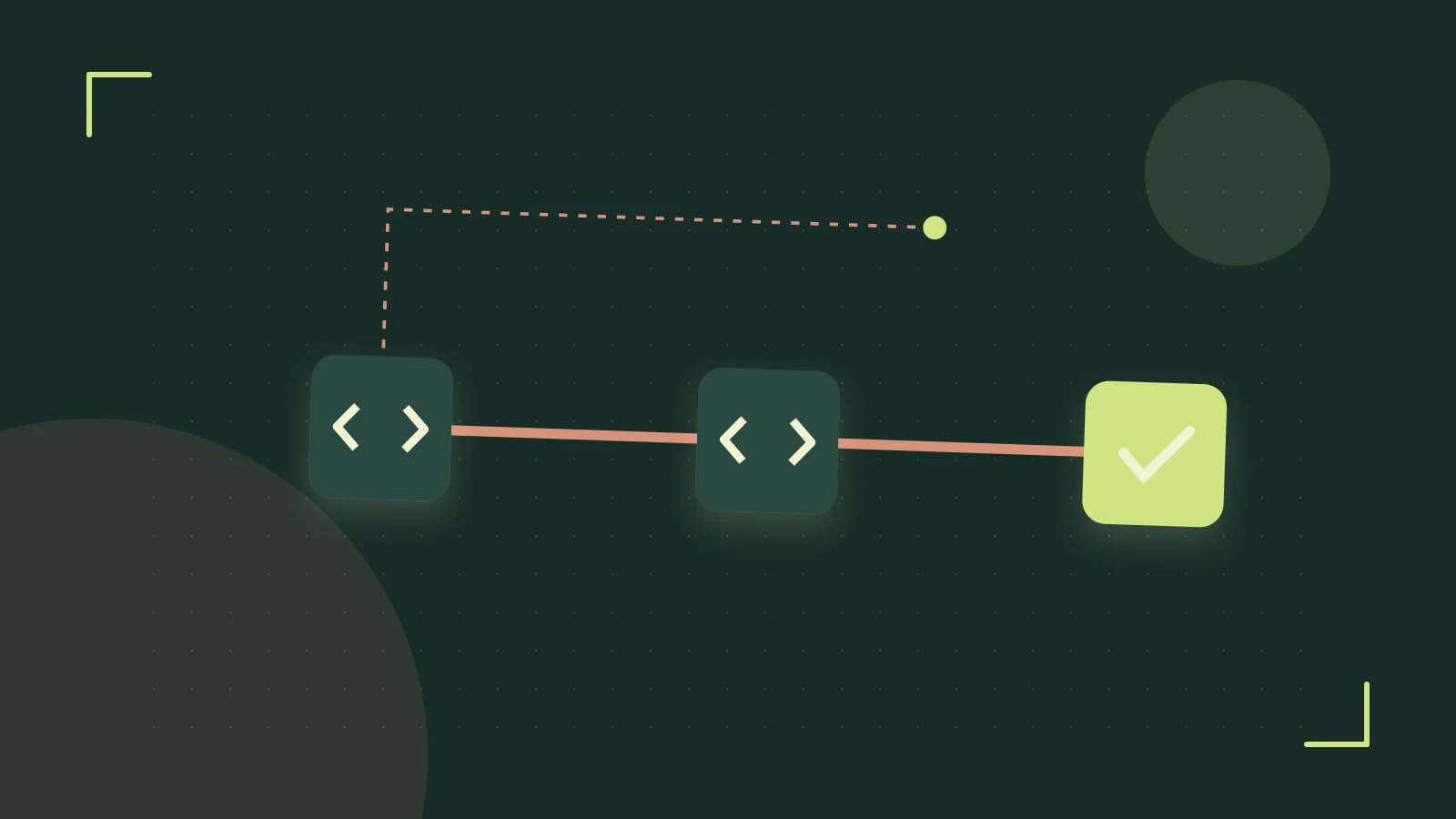Editorial illustration of a branching build pipeline, staged transformations and a completed check