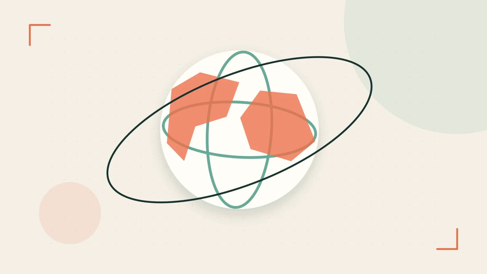 Editorial illustration of an editorial globe with meridians and layered geographic shapes