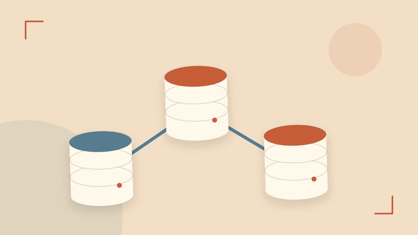 Editorial illustration of structured records, database cylinders and relationships between tables