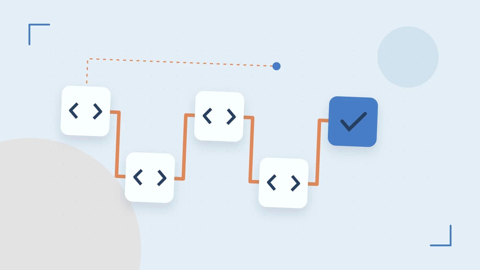 Editorial illustration of a branching build pipeline, staged transformations and a completed check