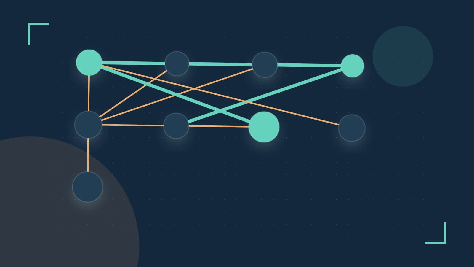 Editorial illustration of an algorithmic node graph with branching paths and a highlighted result