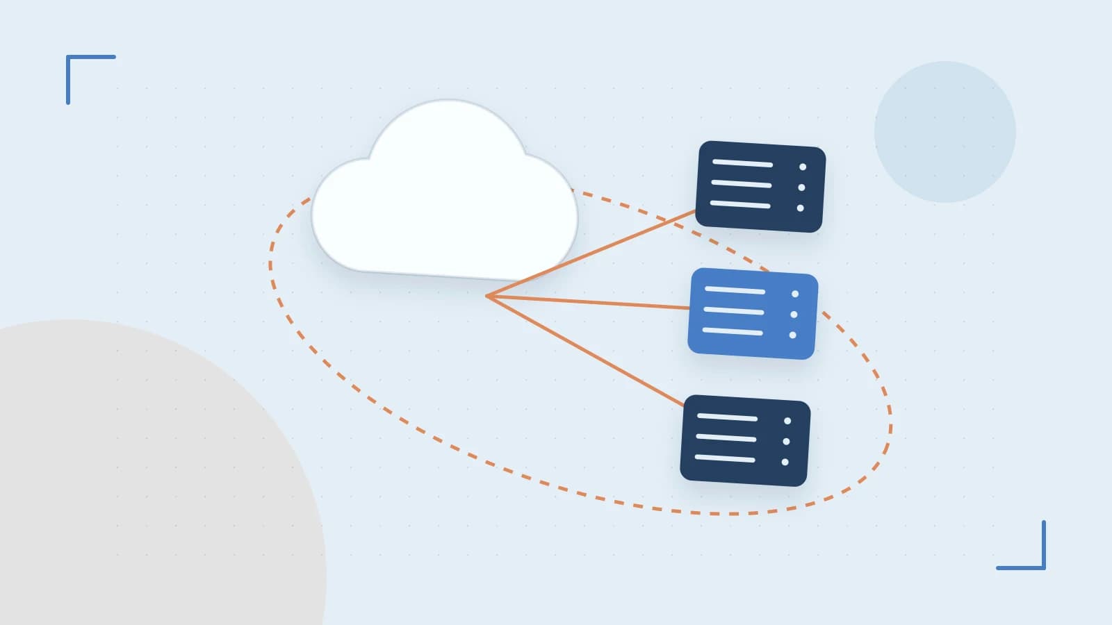 Editorial illustration of cloud infrastructure, connected server racks and an orbital service map