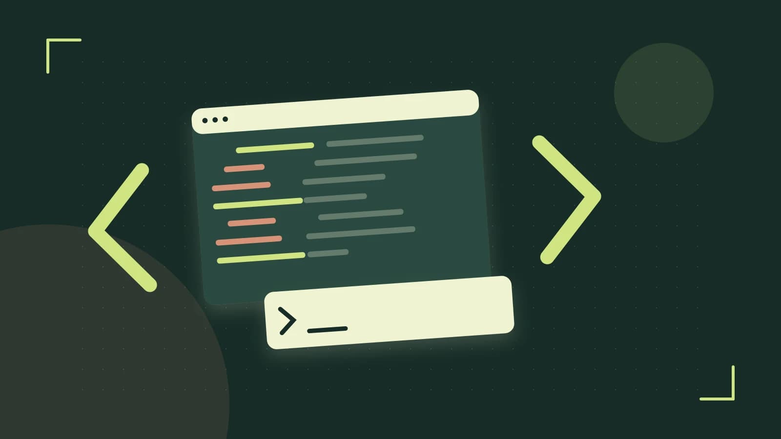 Editorial illustration of an abstract code editor, syntax blocks and oversized programming brackets