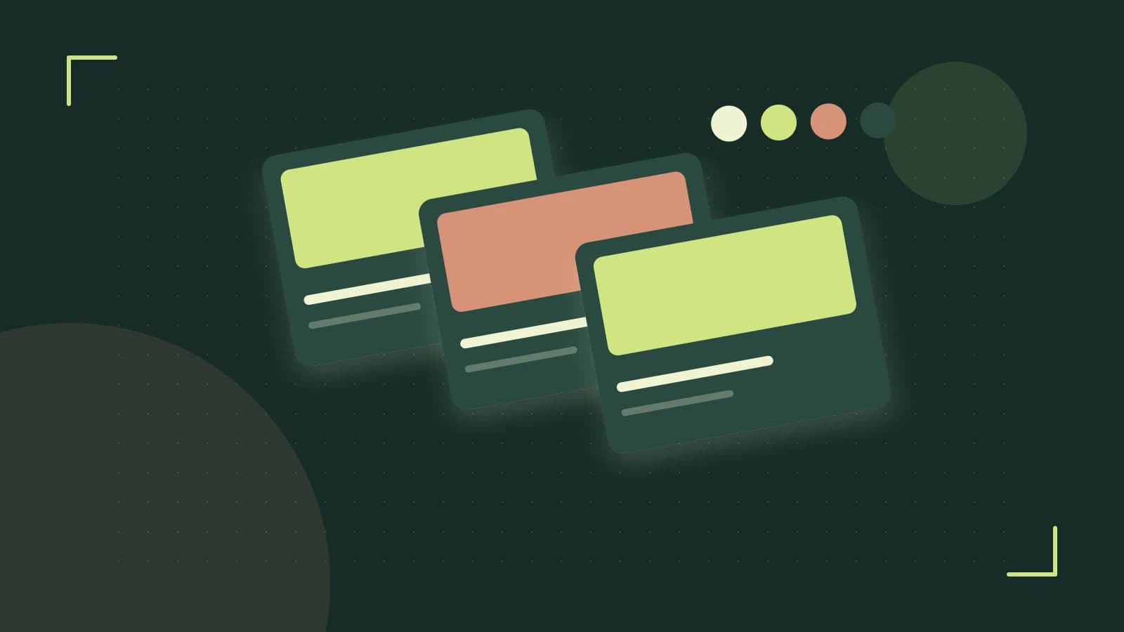 Editorial illustration of responsive browser layouts, overlapping design components and a color system