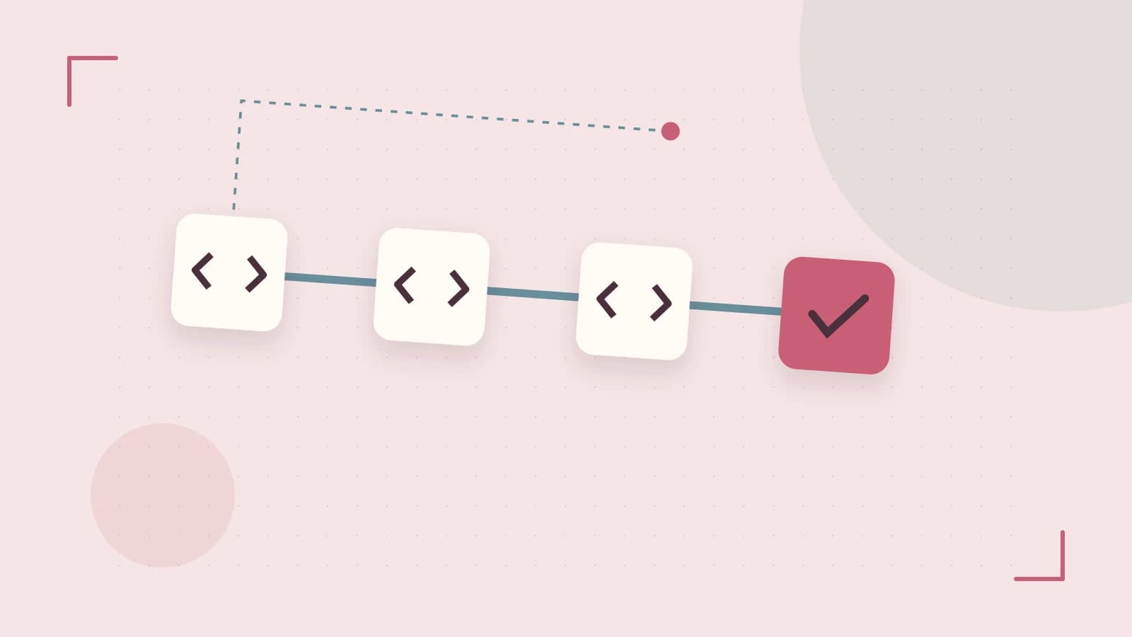 Editorial illustration of a branching build pipeline, staged transformations and a completed check