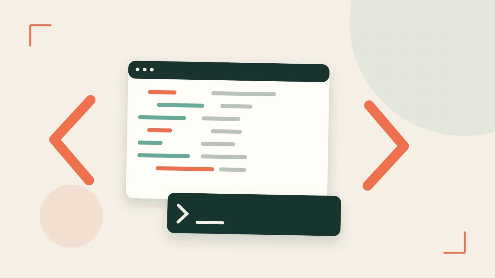 Editorial illustration of an abstract code editor, syntax blocks and oversized programming brackets