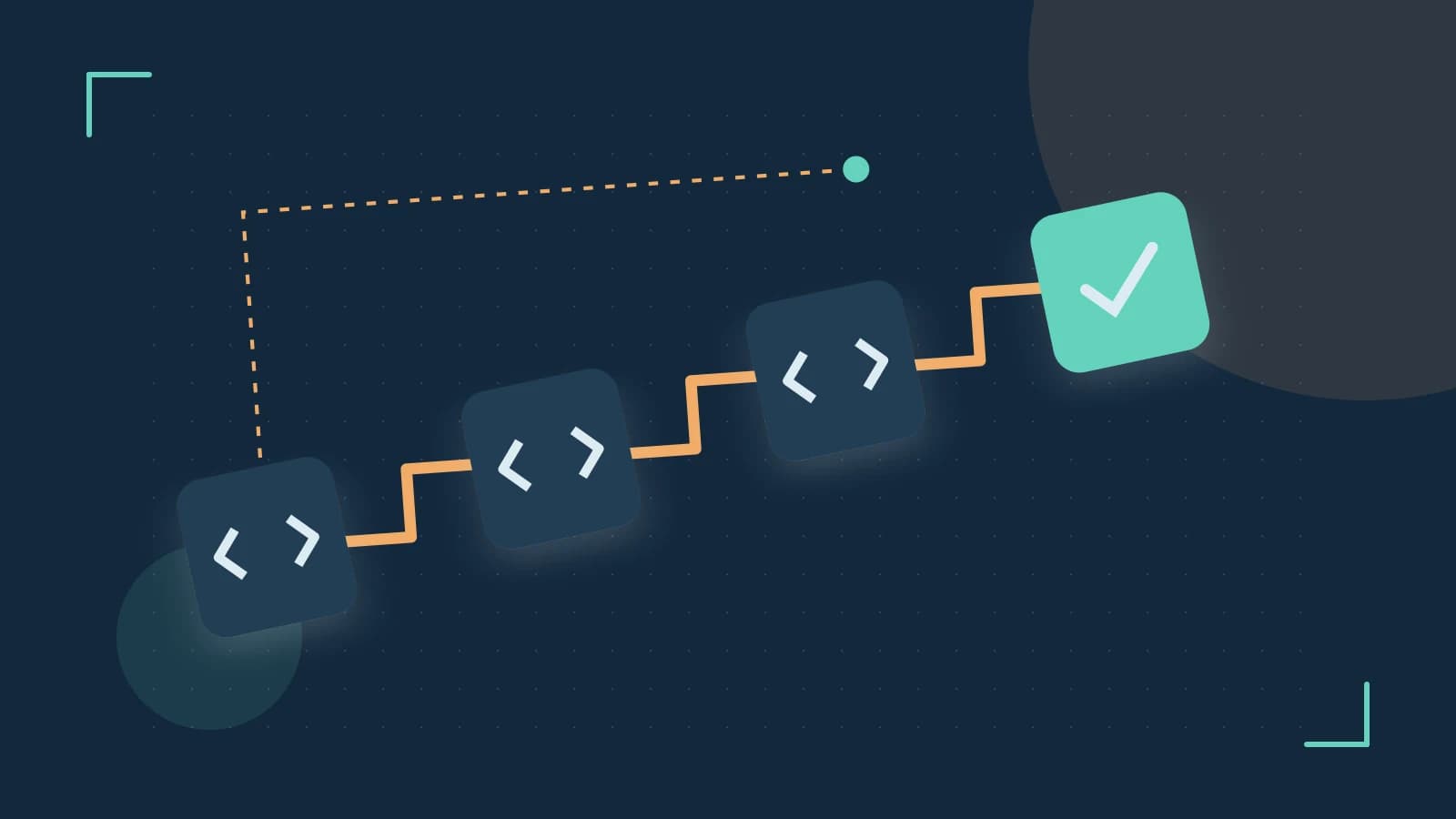 Editorial illustration of a branching build pipeline, staged transformations and a completed check