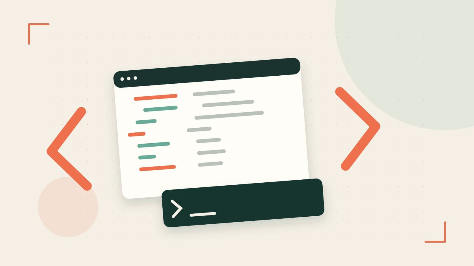 Editorial illustration of an abstract code editor, syntax blocks and oversized programming brackets