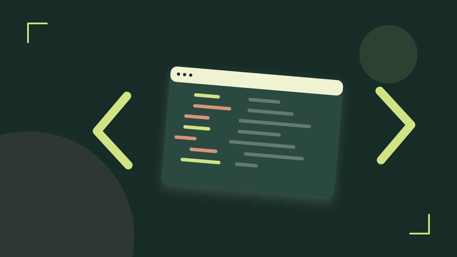 Editorial illustration of an abstract code editor, syntax blocks and oversized programming brackets