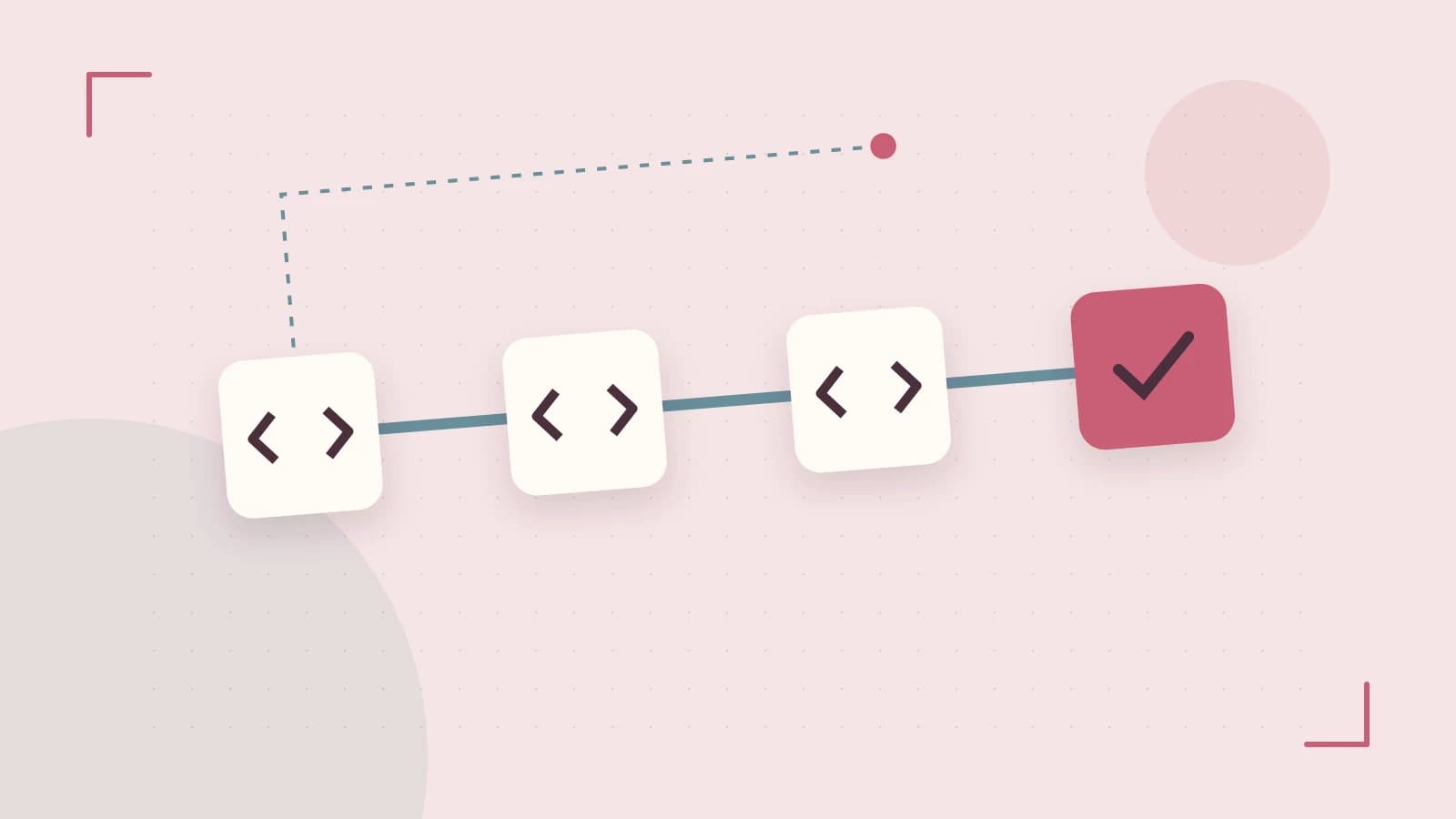 Editorial illustration of a branching build pipeline, staged transformations and a completed check