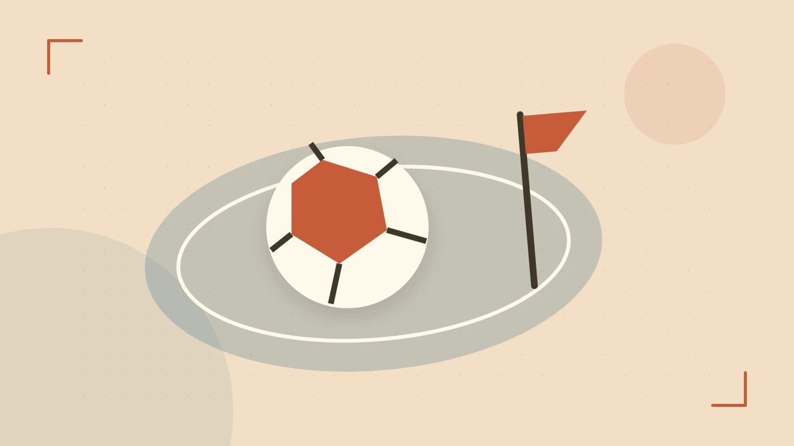 Editorial illustration of a stylized sports ball, stadium geometry and dynamic arcs