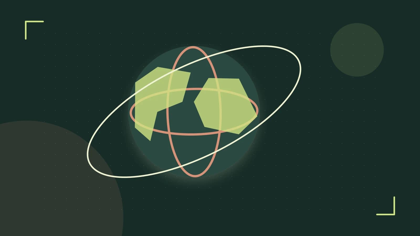 Editorial illustration of an editorial globe with meridians and layered geographic shapes