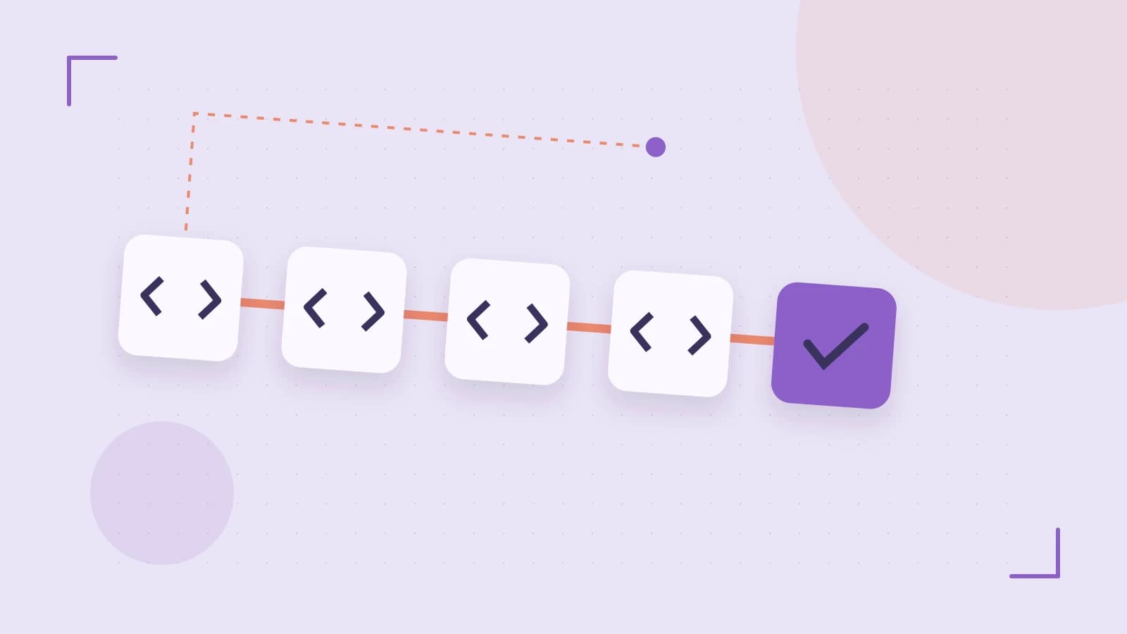 Editorial illustration of a branching build pipeline, staged transformations and a completed check