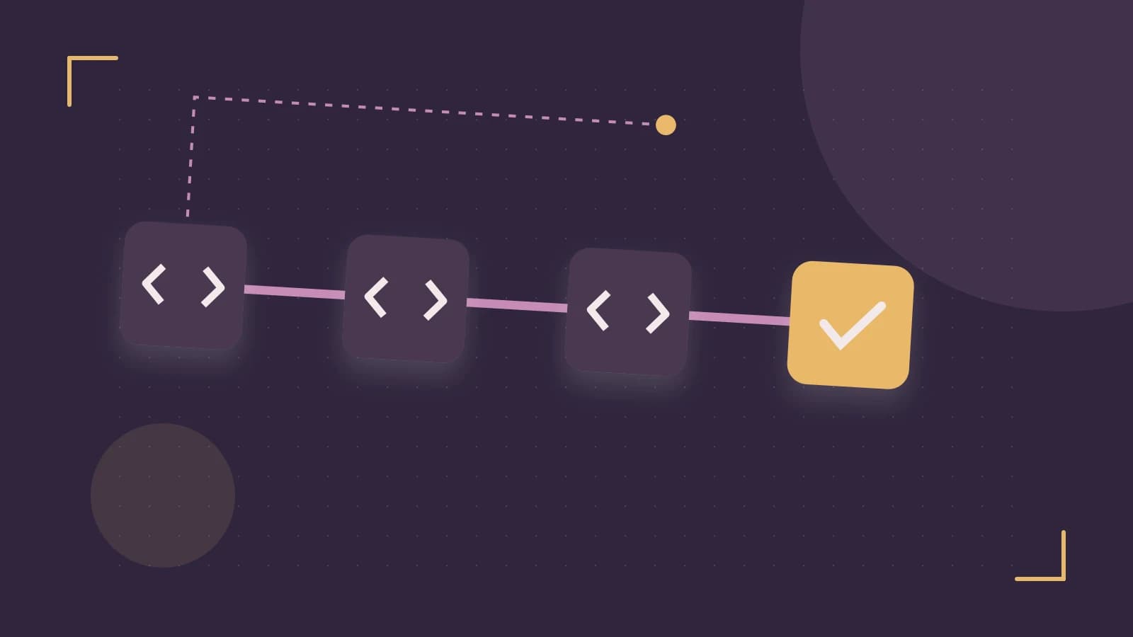 Editorial illustration of a branching build pipeline, staged transformations and a completed check