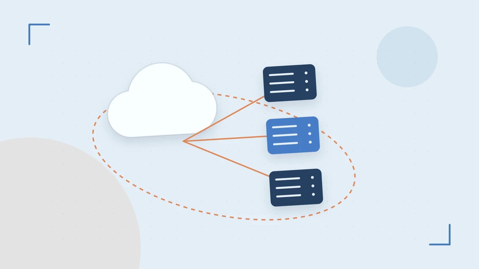 Editorial illustration of cloud infrastructure, connected server racks and an orbital service map