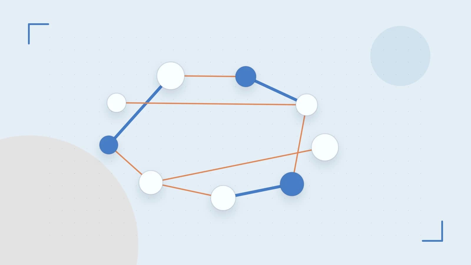 Editorial illustration of an algorithmic node graph with branching paths and a highlighted result