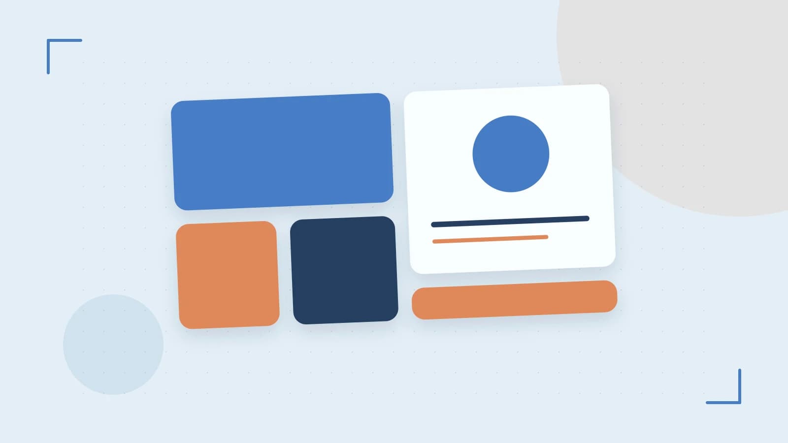 Editorial illustration of responsive browser layouts, overlapping design components and a color system