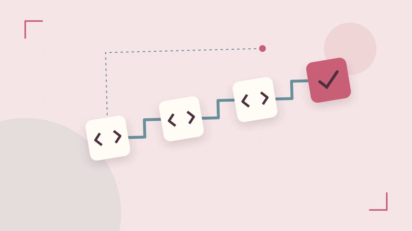 Editorial illustration of a branching build pipeline, staged transformations and a completed check