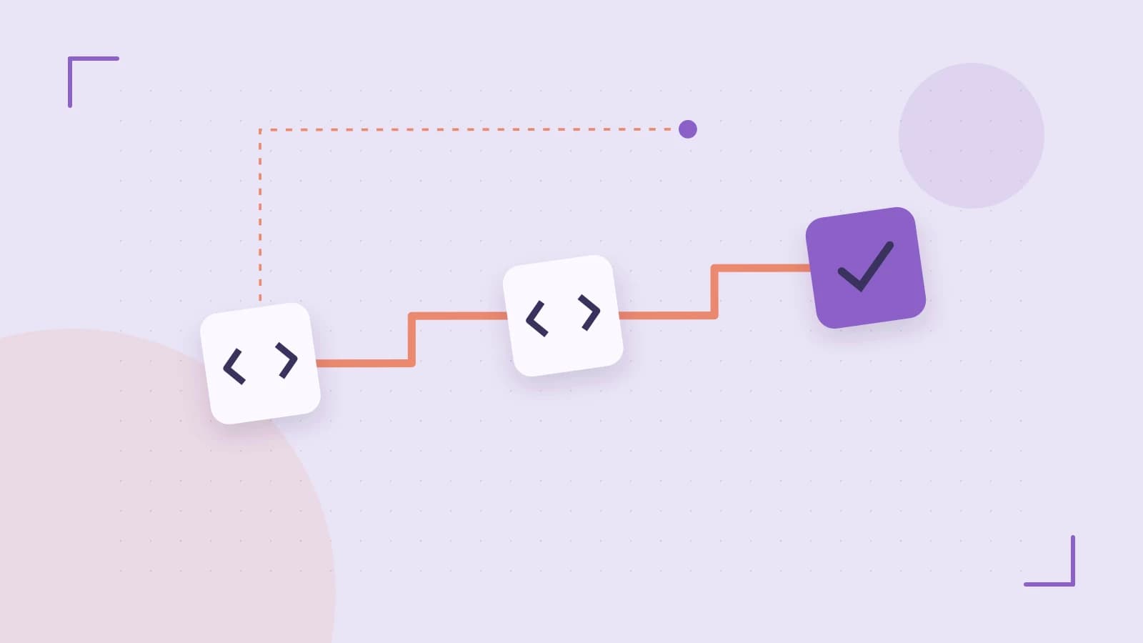 Editorial illustration of a branching build pipeline, staged transformations and a completed check