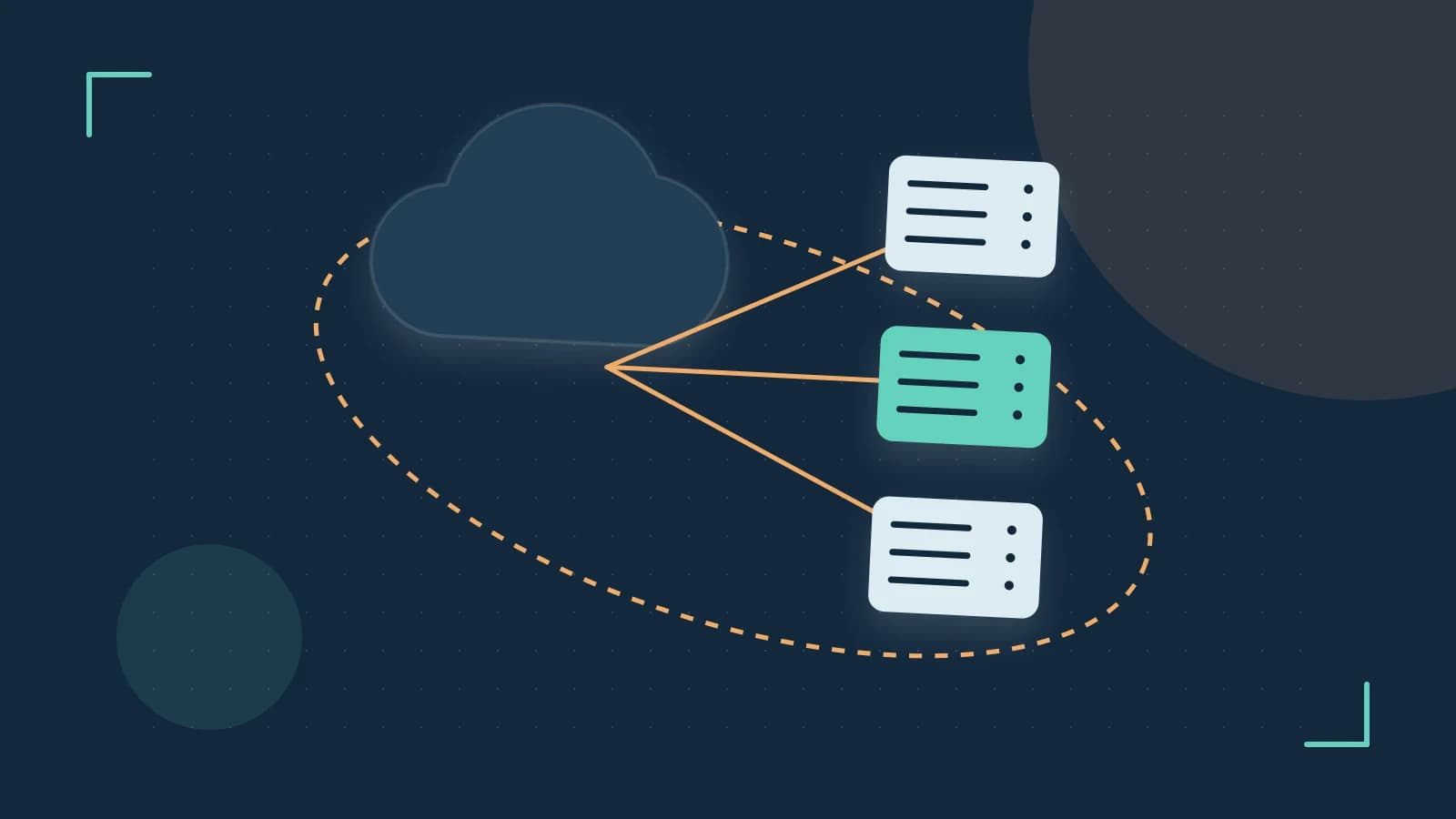 Editorial illustration of cloud infrastructure, connected server racks and an orbital service map