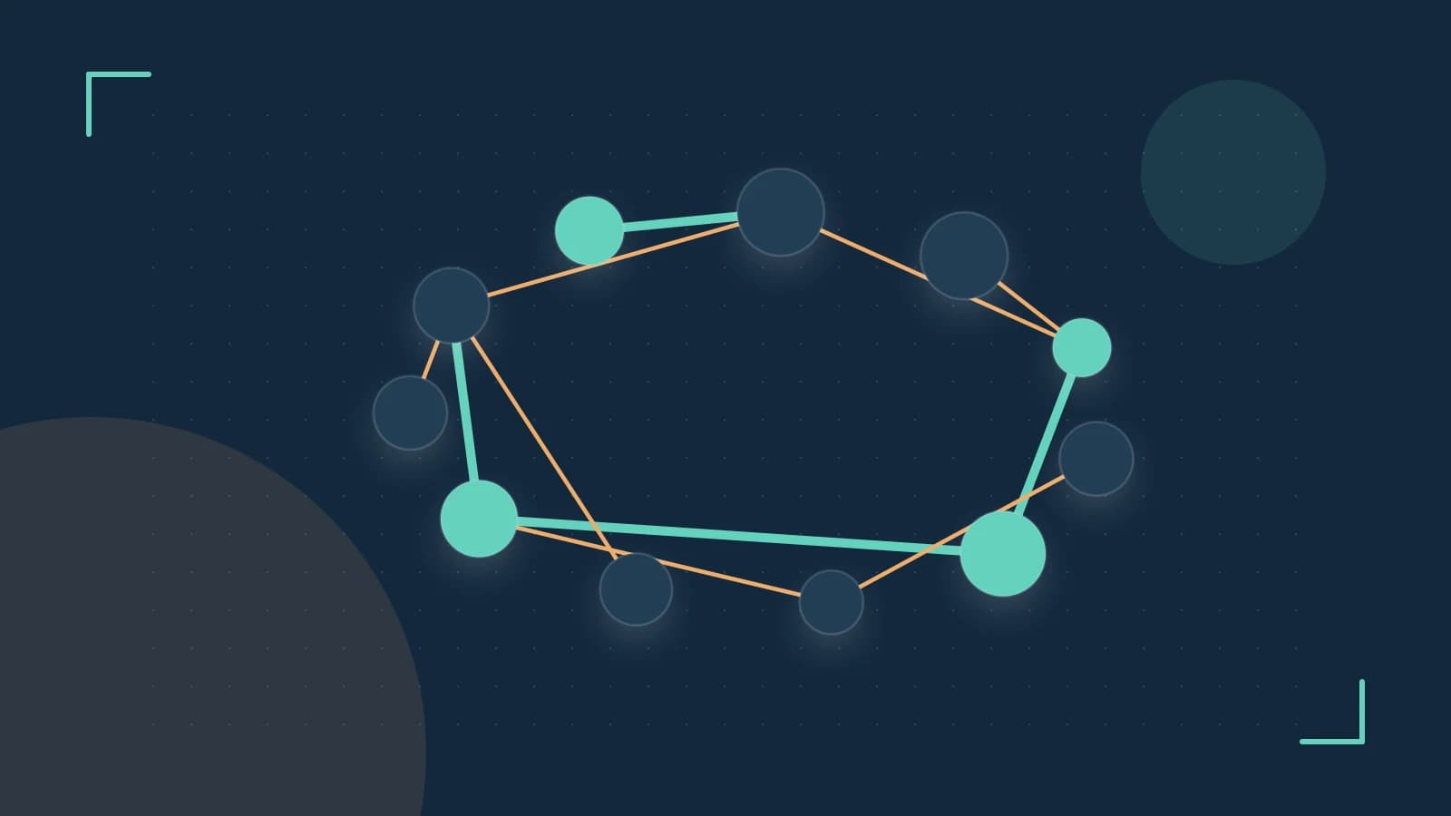 Editorial illustration of an algorithmic node graph with branching paths and a highlighted result